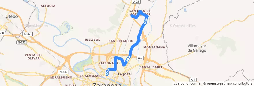 Mapa del recorrido Bus 102: Zaragoza => San Juan de Mozarrifar (por San Juan de la Peña) de la línea  en サラゴサ.