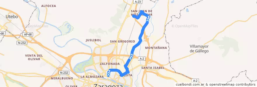 Mapa del recorrido Bus 102: Zaragoza => San Juan de Mozarrifar (por Avenida Cataluña) de la línea  en Zaragoza.