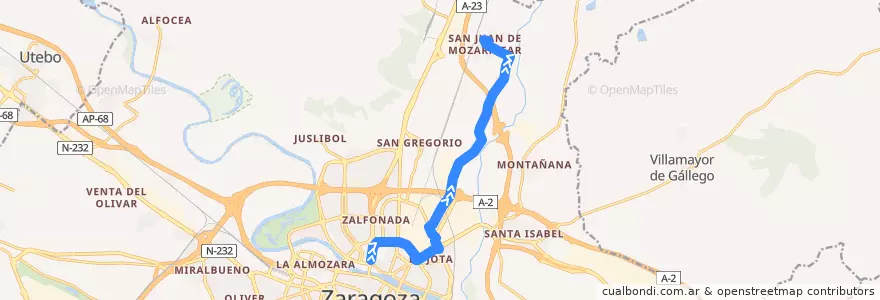 Mapa del recorrido Bus 102: Zaragoza => San Juan de Mozarrifar (por Avenida Cataluña) de la línea  en سرقسطة.