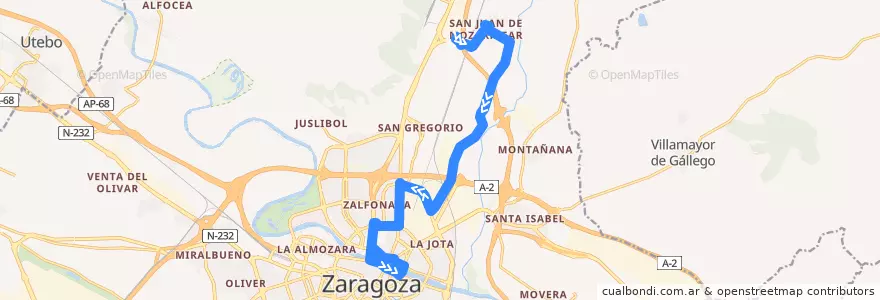 Mapa del recorrido Bus 102: San Juan de Mozarrifar => Zaragoza (por San Juan de la Peña) de la línea  en سرقسطة.