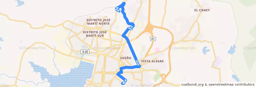 Mapa del recorrido Ruta A12. Rpto. Flores->Petrocasa de la línea  en Ciudad de Santiago de Cuba.