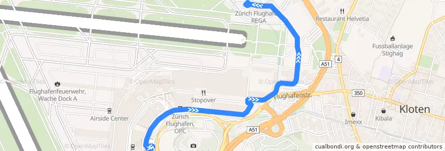 Mapa del recorrido Bus 739: Zürich Flughafen, Bahnhof => Zürich Flughafen, REGA de la línea  en Kloten.
