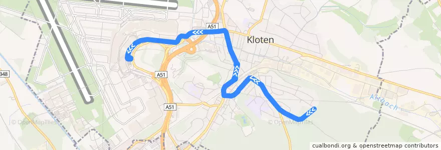 Mapa del recorrido Bus 731: Kloten, Buchhalden -> Zürich Flughafen, Bahnhof de la línea  en Kloten.