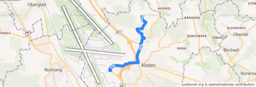 Mapa del recorrido Bus 734: Egetswil, Dorf -> Zürich Flughafen, Bahnhof de la línea  en Kloten.