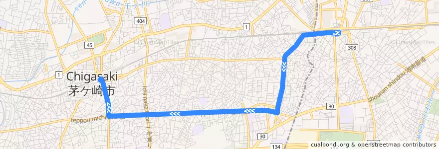 Mapa del recorrido 辻13:辻堂駅南口=>茅ヶ崎駅南口 de la línea  en 茅ヶ崎市.