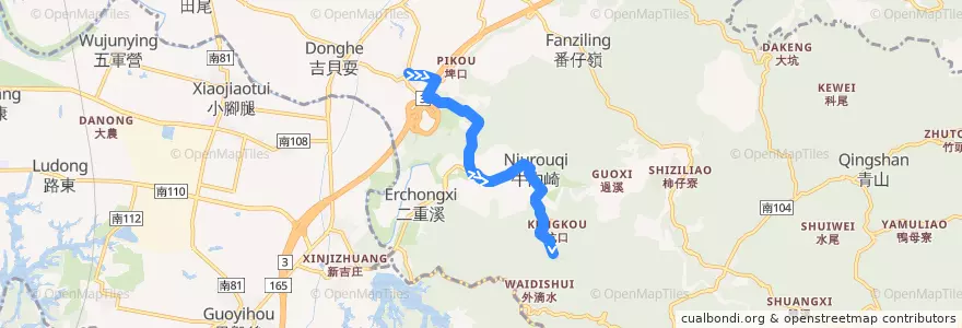 Mapa del recorrido 黃7(繞駛水雲里_往程) de la línea  en District de Dongshan.