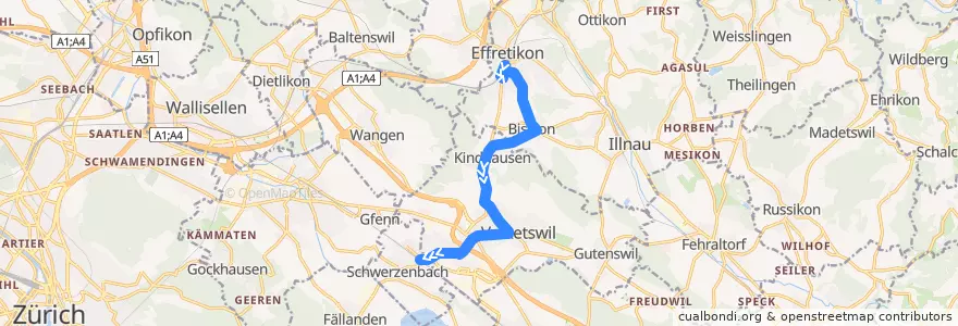 Mapa del recorrido Bus 720: Effretikon, Bahnhof -> Schwerzenbach, Bahnhof (Hauptweg) de la línea  en Zurich.