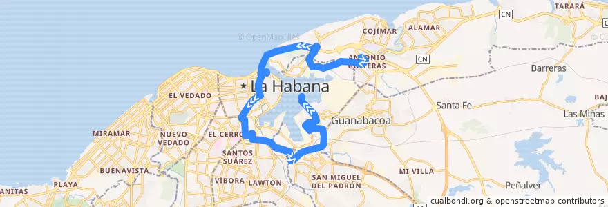 Mapa del recorrido Ruta A60 Bahia => Parque Fraternidad => Regla de la línea  en La Habana.