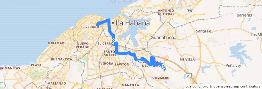 Mapa del recorrido Ruta A2 Diezmero - Czda San Miguel - Calixto García de la línea  en La Havane.