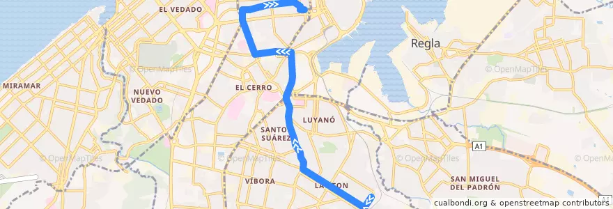 Mapa del recorrido Ruta 54 Lawton => Parque el Curita de la línea  en Havanna.