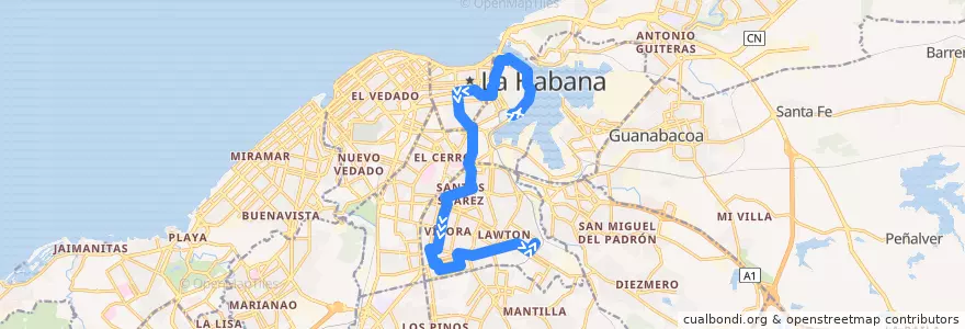 Mapa del recorrido Ruta 15 Ave Puerto => Lawton de la línea  en La Habana.