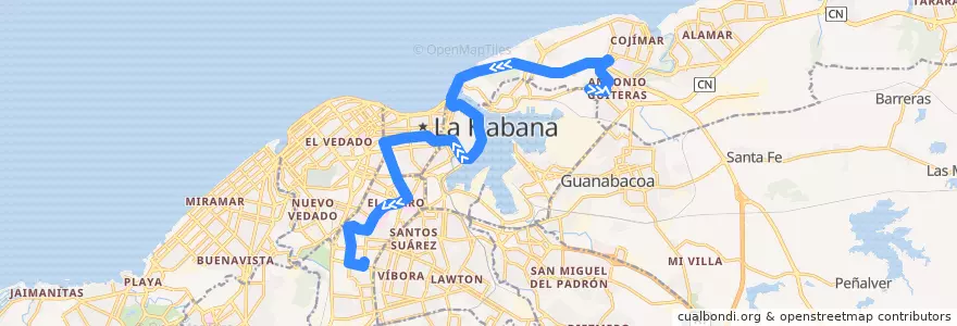 Mapa del recorrido Ruta A68 Bahia => Palatino de la línea  en La Habana.
