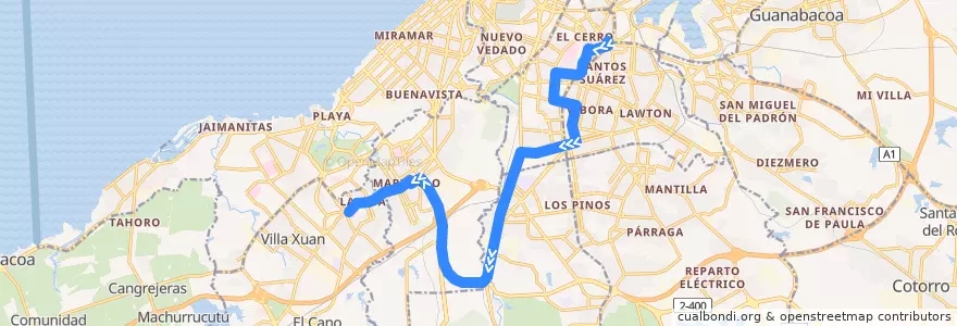 Mapa del recorrido Ruta A70 Hosp Dependiente =>CUJAE => Lisa de la línea  en L'Avana.