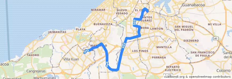 Mapa del recorrido Ruta A70 Lisa =>CUJAE => La Dependiente de la línea  en L'Avana.