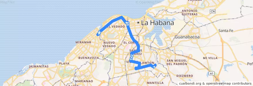 Mapa del recorrido Ruta 37 Tunel Línea => Lawton de la línea  en L'Avana.