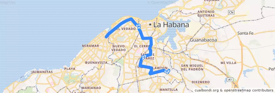 Mapa del recorrido Ruta 37 Lawton => Tunel Línea de la línea  en Havana.