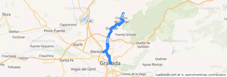 Mapa del recorrido Bus 0305: Cogollos de la Vega → Nívar → Güevéjar → Pulianas → Granada de la línea  en Comarca de la Vega de Granada.