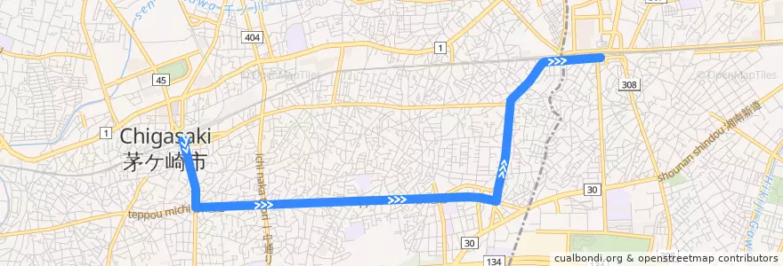 Mapa del recorrido 辻13:茅ヶ崎駅南口=>辻堂駅南口 de la línea  en Chigasaki.