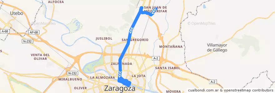 Mapa del recorrido Bus 102: San Juan de Mozarrifar => Zaragoza (por Carretera de Huesca) de la línea  en Saragosse.