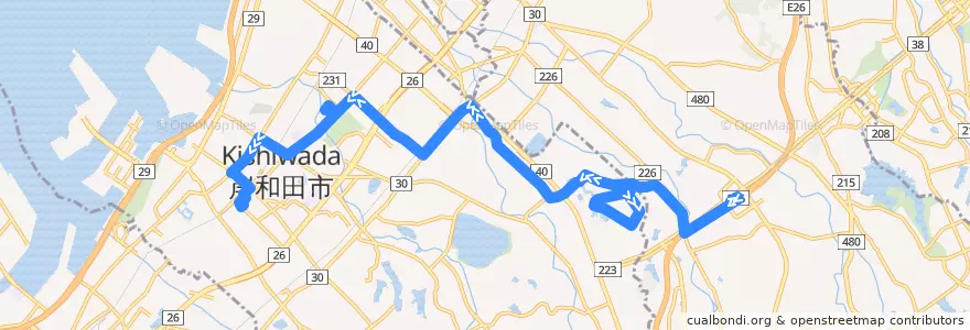 Mapa del recorrido 664: 和泉中央駅-岸和田駅前 de la línea  en 岸和田市.
