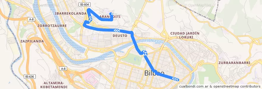 Mapa del recorrido 01 Plaza Biribila → Arangoiti de la línea  en Bilbao.