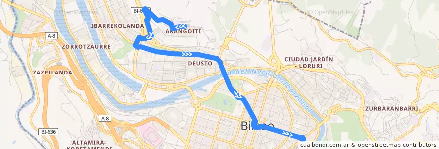 Mapa del recorrido 01 Arangoiti → Plaza Biribila de la línea  en 毕尔巴鄂.