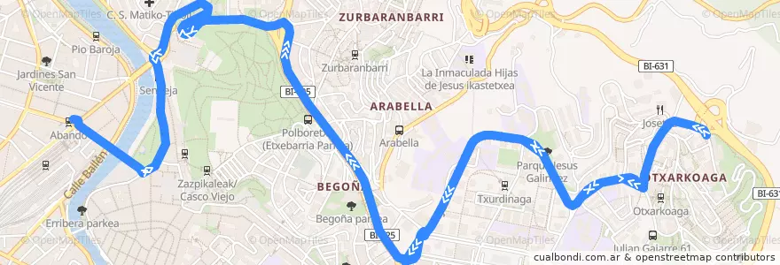 Mapa del recorrido 03 Otxarkoaga → Plaza Biribila de la línea  en Bilbao.