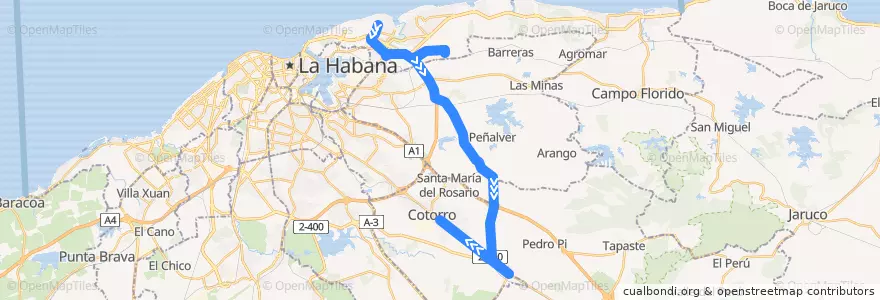Mapa del recorrido Ruta A21 Villa Panamericana - Cotorro de la línea  en La Habana.