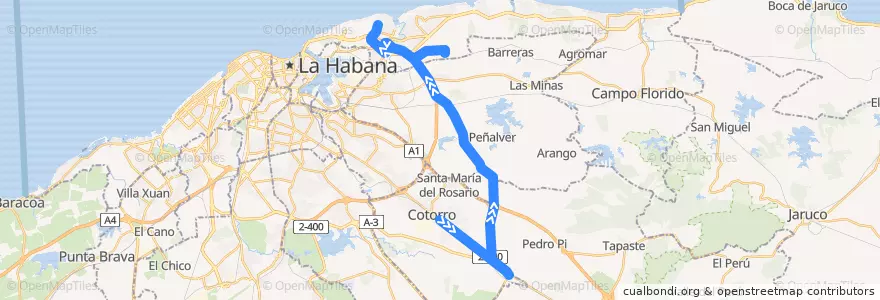 Mapa del recorrido Ruta A21 Cotorro - Villa Panamericana de la línea  en Havanna.