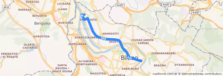 Mapa del recorrido 10 Elorrieta → Plaza Biribila de la línea  en Bilbau.