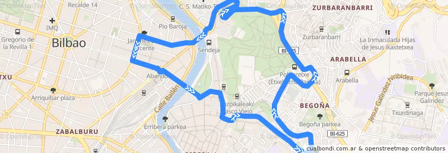 Mapa del recorrido A5 Prim - Plaza Biribila de la línea  en 빌바오.