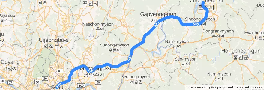 Mapa del recorrido 수도권 전철 경춘선: 청량리 → 춘천 de la línea  en Corea del Sur.