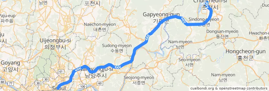 Mapa del recorrido 수도권 전철 경춘선: 춘천 → 청량리 de la línea  en 대한민국.