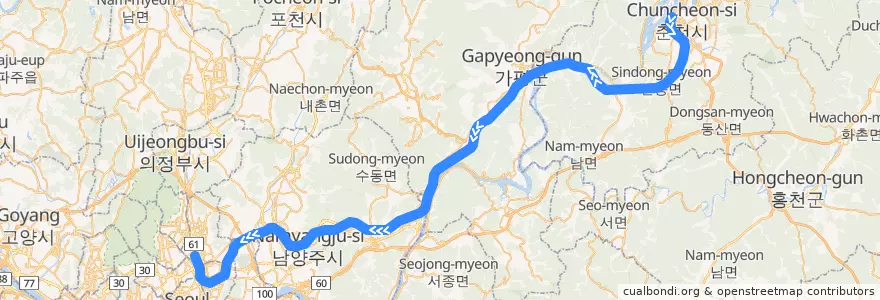 Mapa del recorrido 수도권 전철 경춘선: 춘천 → 광운대 de la línea  en 大韓民国.