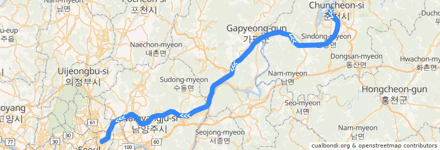 Mapa del recorrido 수도권 전철 경춘선: 춘천 → 상봉 de la línea  en 韩国/南韓.