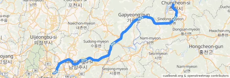 Mapa del recorrido 수도권 전철 경춘선: 상봉 → 춘천 de la línea  en Corea del Sud.