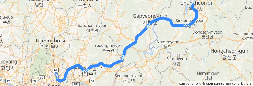 Mapa del recorrido 수도권 전철 경춘선: 광운대 → 춘천 de la línea  en Corée du Sud.