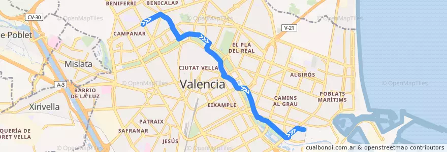Mapa del recorrido Bus 94: Campanar => Av. França de la línea  en Comarca de València.