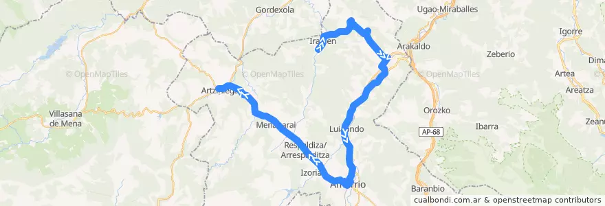 Mapa del recorrido A16 Okondo → Laudio/Llodio → Amurrio → Artziniega de la línea  en Aiarako koadrilla/Cuadrilla de Ayala.