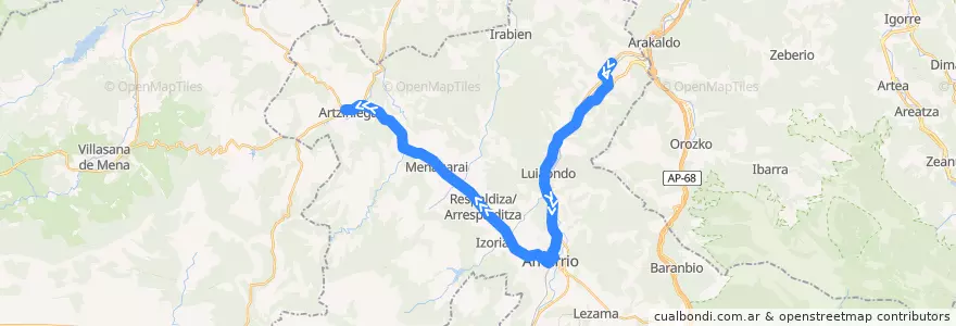 Mapa del recorrido A16 Laudio/Llodio → Amurrio → Artziniega de la línea  en Aiarako koadrilla/Cuadrilla de Ayala.