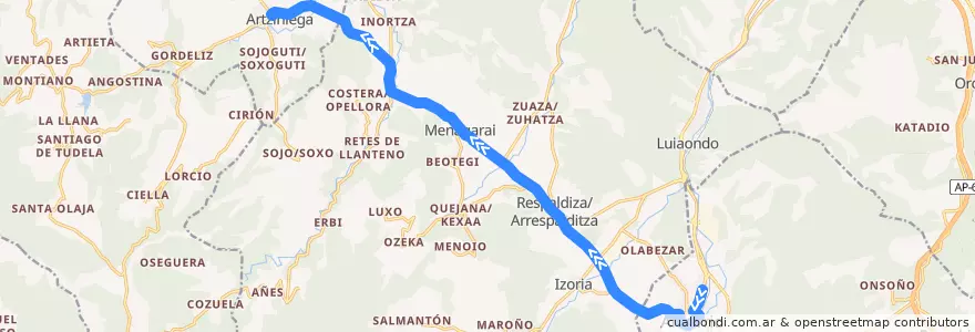 Mapa del recorrido A16 Amurrio → Artziniega de la línea  en Aiarako koadrilla/Cuadrilla de Ayala.