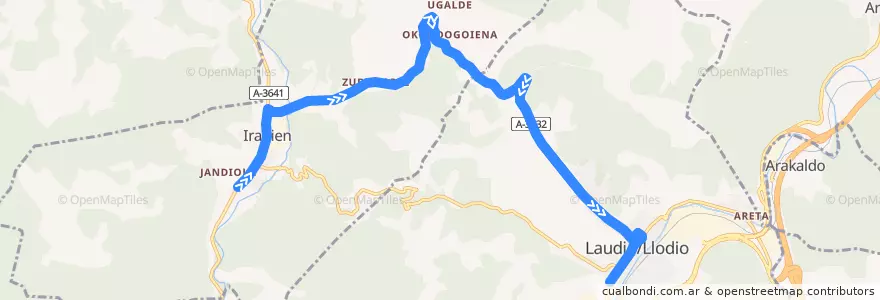 Mapa del recorrido A16 Okondo → Laudio/Llodio de la línea  en Aiarako koadrilla/Cuadrilla de Ayala.