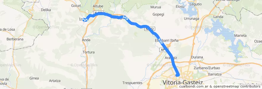 Mapa del recorrido A14 Izarra → Murgia → Vitoria-Gasteiz de la línea  en Araba/Álava.