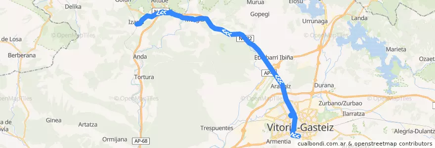 Mapa del recorrido A14 Universidad → Vitoria-Gasteiz → Murgia → Izarra de la línea  en Alava.