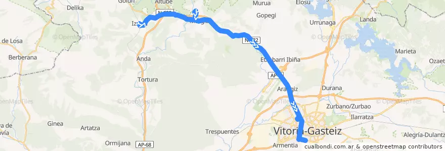 Mapa del recorrido A14 Izarra → Sarria → Murgia → Zaitegi → Vitoria-Gasteiz → Universidad de la línea  en Araba/Álava.