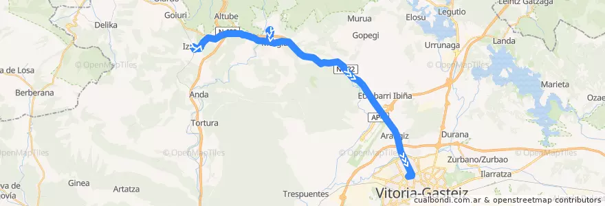 Mapa del recorrido A14 Izarra → Sarria → Murgia → Zaitegi → Vitoria-Gasteiz de la línea  en Araba/Álava.
