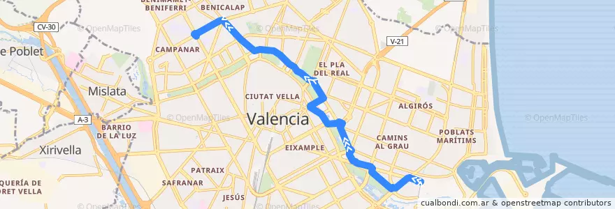 Mapa del recorrido Bus 94: Av. França => Campanar de la línea  en Comarca de València.