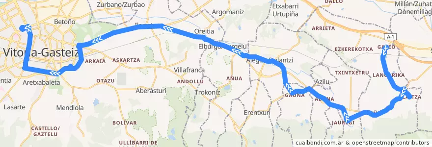 Mapa del recorrido A5 Gazeo → Alegría-Dulantzi → Elburgo/Burgelu → Universidad → Vitoria-Gasteiz de la línea  en Alava.
