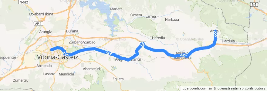 Mapa del recorrido A5 Araia → Alegría-Dulantzi → Vitoria-Gasteiz de la línea  en Álava.