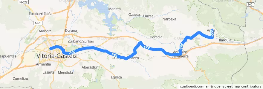 Mapa del recorrido A5 Araia → Alegría-Dulantzi → Elburgo/Burgelu → Vitoria-Gasteiz de la línea  en Алава.